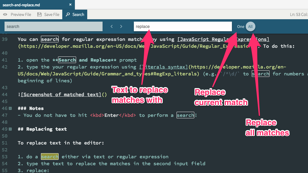 Screenshot of replace form