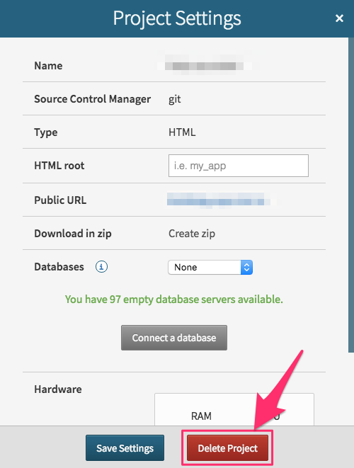 Delete project button